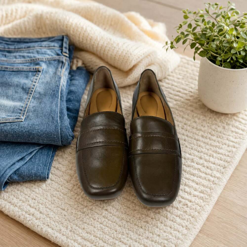 Børn Khel Loafers Womens 7 Dark Green Leather Square Toe Comfort Flats